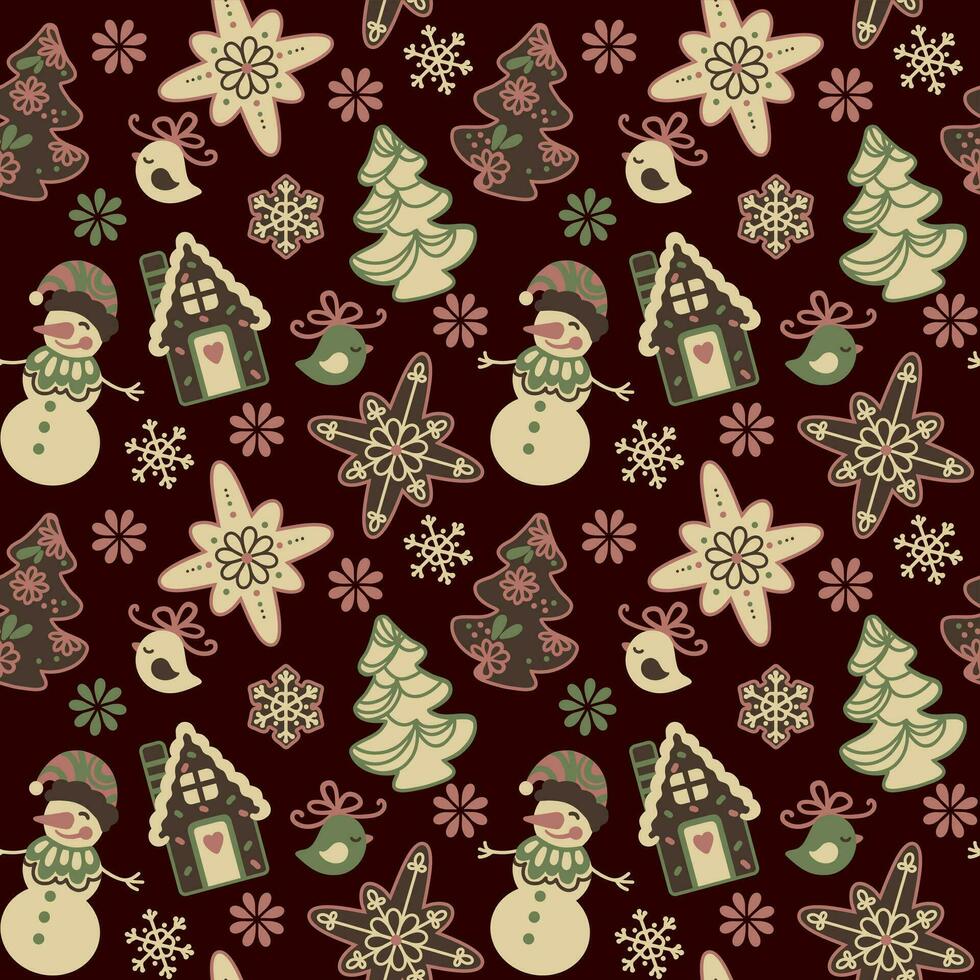 Natal padronizar para tecido, papel de parede, vestuário. ilustração uma Pão de gengibre casa, Natal biscoitos, floco de neve, boneco de neve, Natal árvore. desatado padrão, vetor. vetor