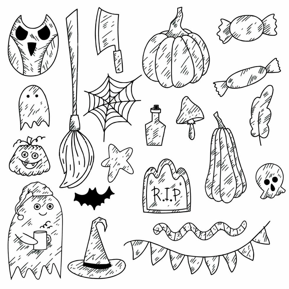 uma conjunto do rabisco estilo dia das Bruxas ilustrações - coruja, vassoura, abóboras, doce, fantasma, Drácula, sepultura, bruxa chapéu, crânio vetor