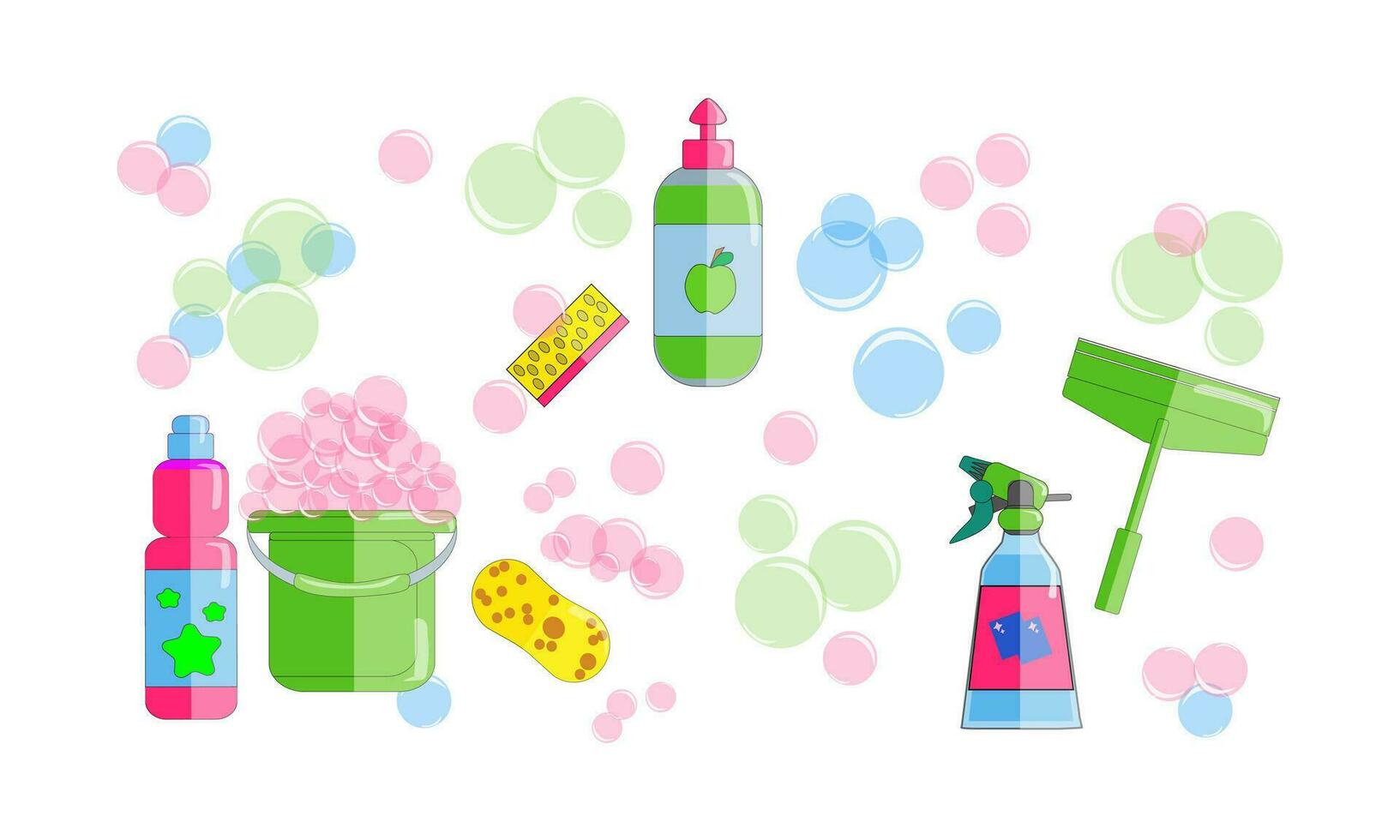 vetor plano ilustração - uma conjunto do produtos para lavando pisos, pratos e óculos. limpeza equipamento e suprimentos.