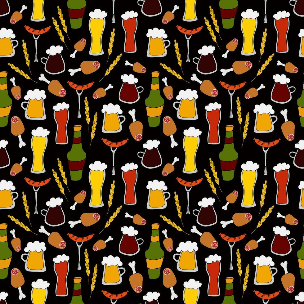 vetor rabisco ilustração - desatado padronizar diferente tipos do Cerveja dentro canecas, óculos e garrafas com lanches em Preto fundo. oktoberfest Cerveja festival. para para embalagem, rede projeto, papel de parede