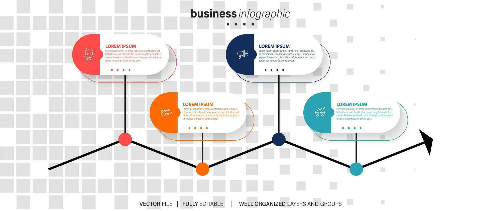template.timeline de infográficos de negócios com 4 etapas, círculos, opções e ícones de marketing. elementos de infográfico linear do vetor. vetor