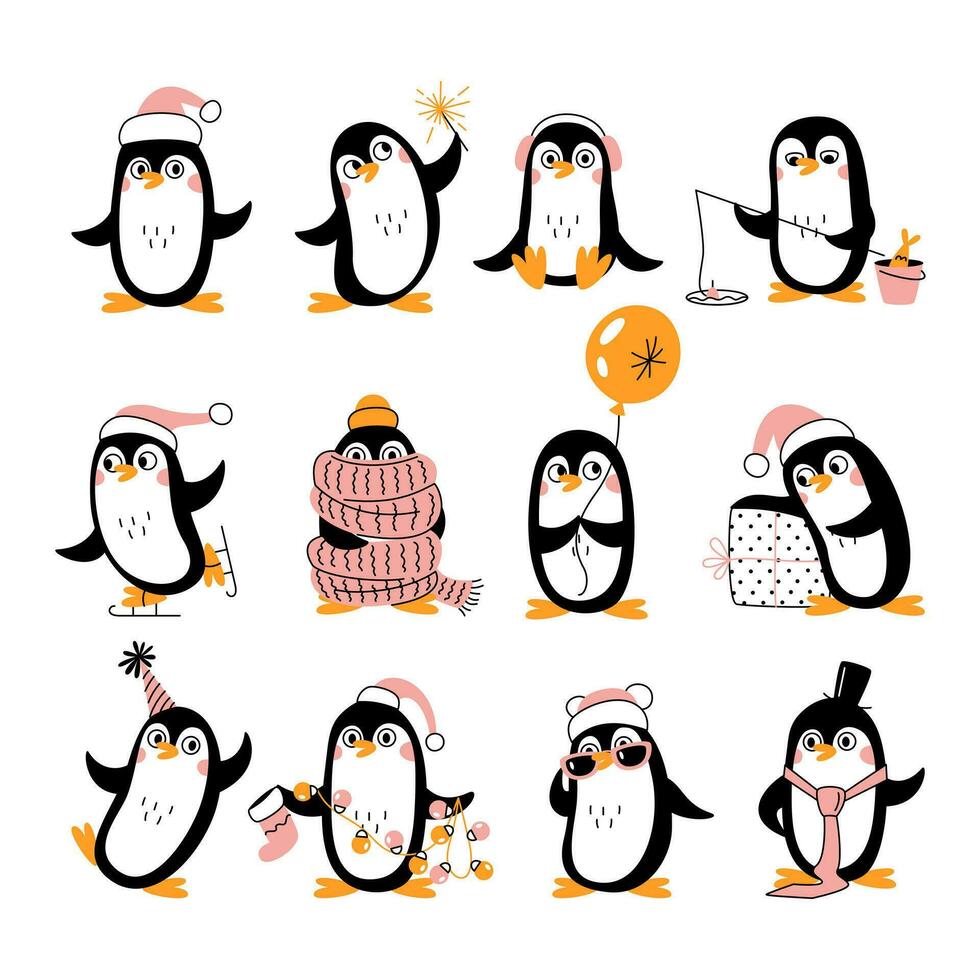 uma conjunto do fofa pinguins dentro diferente poses. feliz animais. vetor plano rabisco ilustração