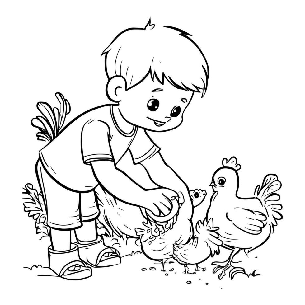 uma Garoto feeds galinhas coloração Páginas para crianças vetor