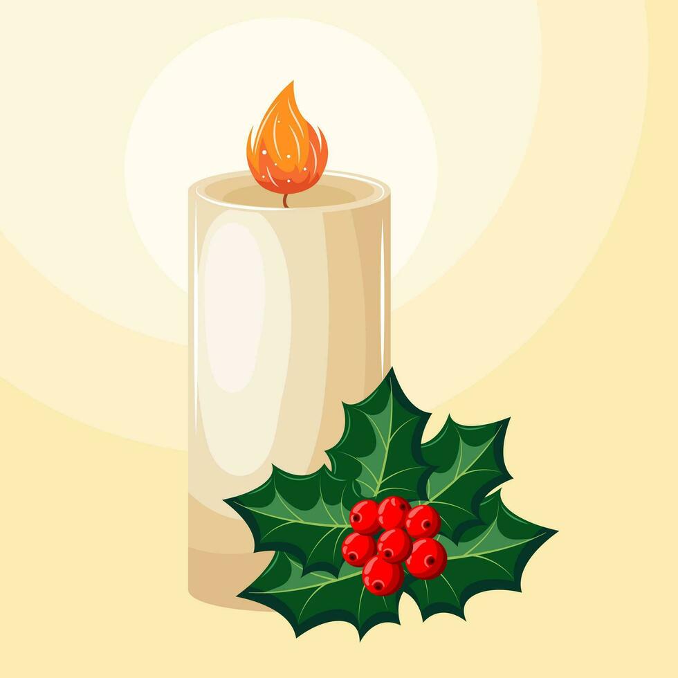 ilustração de natal, vela acesa, azevinho e bagas vermelhas. cartão postal, fundo, vetor