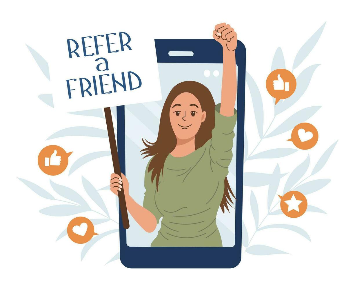 referir uma amigo marketing conceito. a pessoa em a telefone convida para a referência programa. social comunicação, social meios de comunicação marketing para amigos. aterrissagem página modelo. vetor. vetor