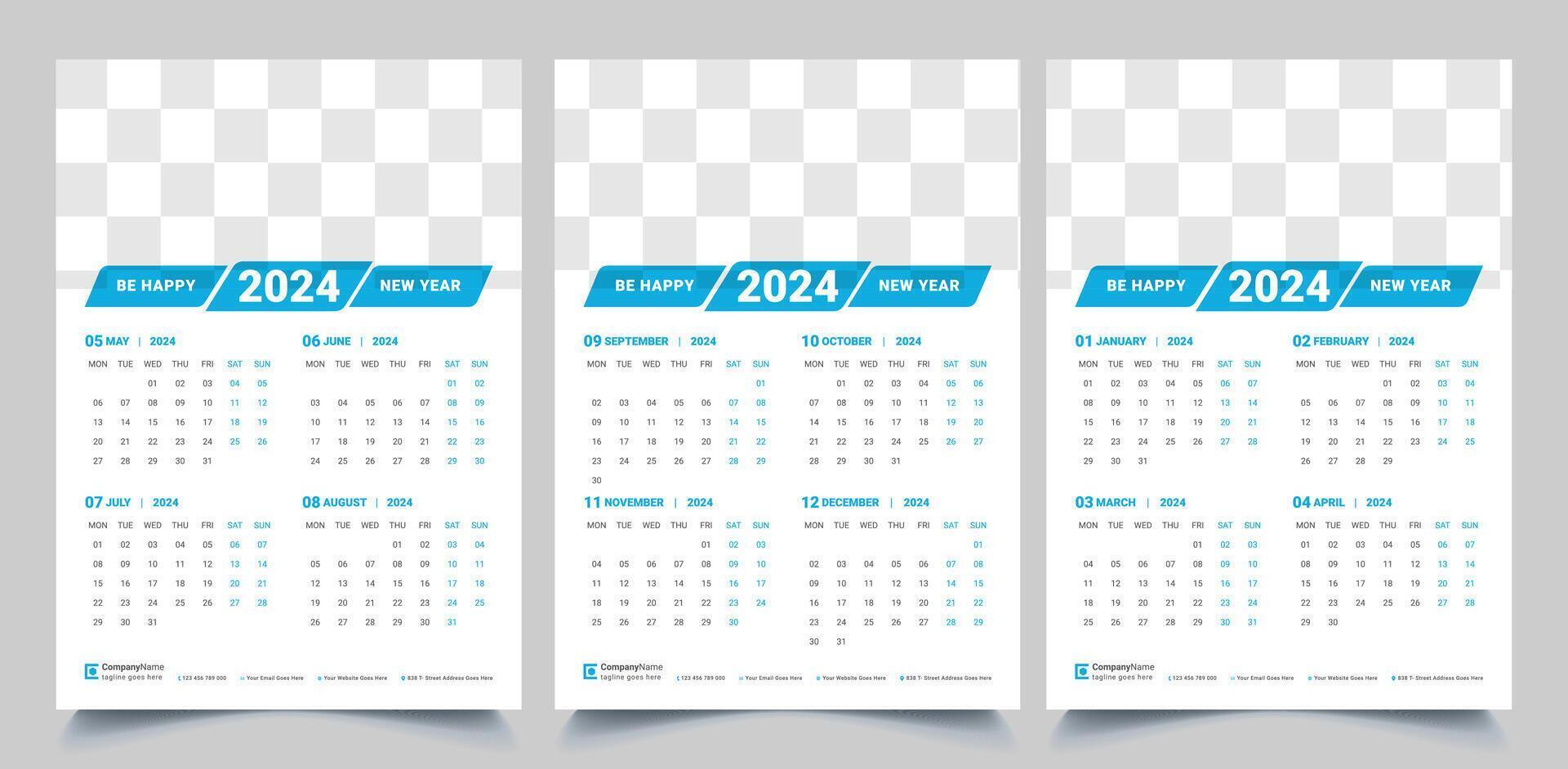 conjunto do 2024 calendário planejador modelo com Lugar, colocar para foto e companhia logotipo. vetor disposição do uma parede ou escrivaninha simples calendário com semana começar Segunda-feira