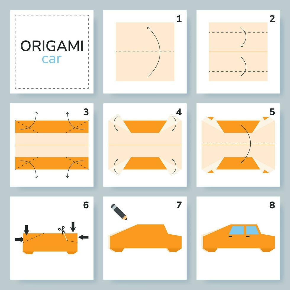 carro origami esquema tutorial comovente modelo. origami para crianças. degrau de degrau quão para faço uma fofa origami automóvel. vetor ilustração.