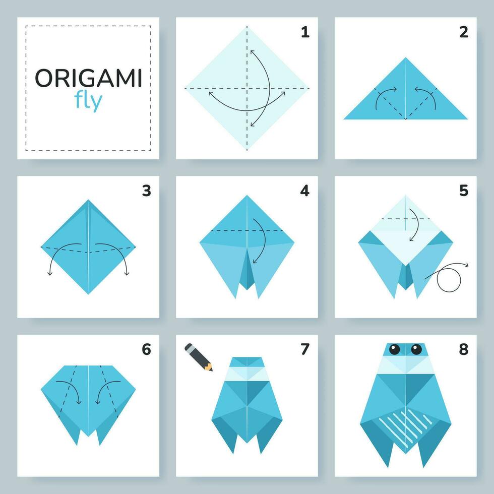 mosca origami esquema tutorial comovente modelo. origami para crianças. degrau de degrau quão para faço uma fofa origami inseto. vetor ilustração.