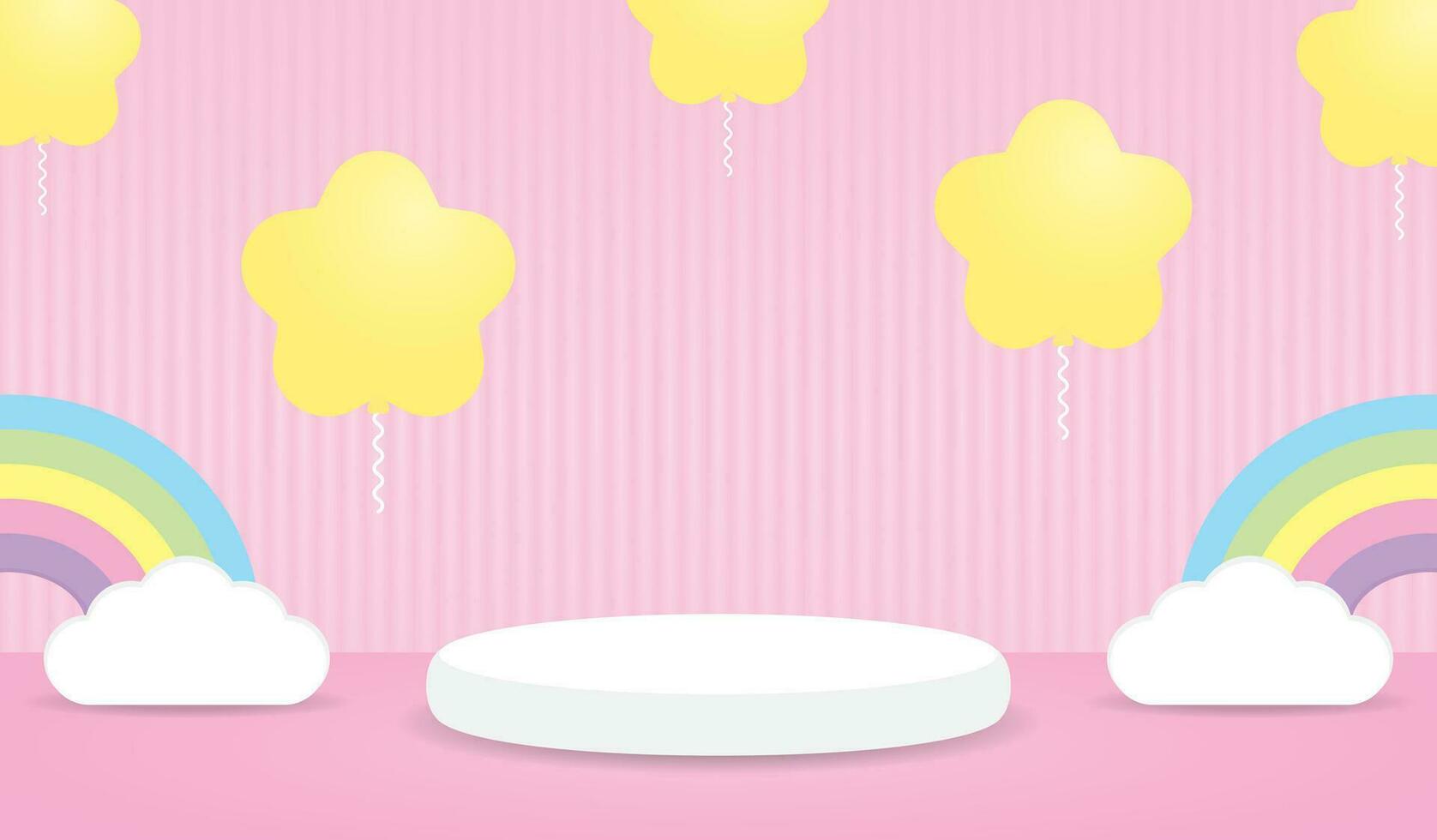 branco mínimo pódio exibição com fofa kawaii Estrela balões e doce colorida pastel arco Iris em Rosa parede e chão 3d ilustração vetor para colocando produtos ou objeto