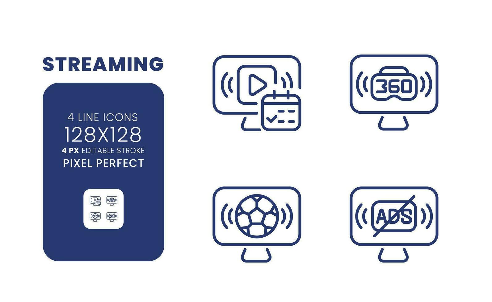 transmissão linear Área de Trabalho ícones definir. assistindo conteúdo on-line. Esportes transmissão. pixel perfeito 128x128, esboço 4 px. isolado do utilizador interface elementos pacote para local na rede Internet. editável acidente vascular encefálico vetor