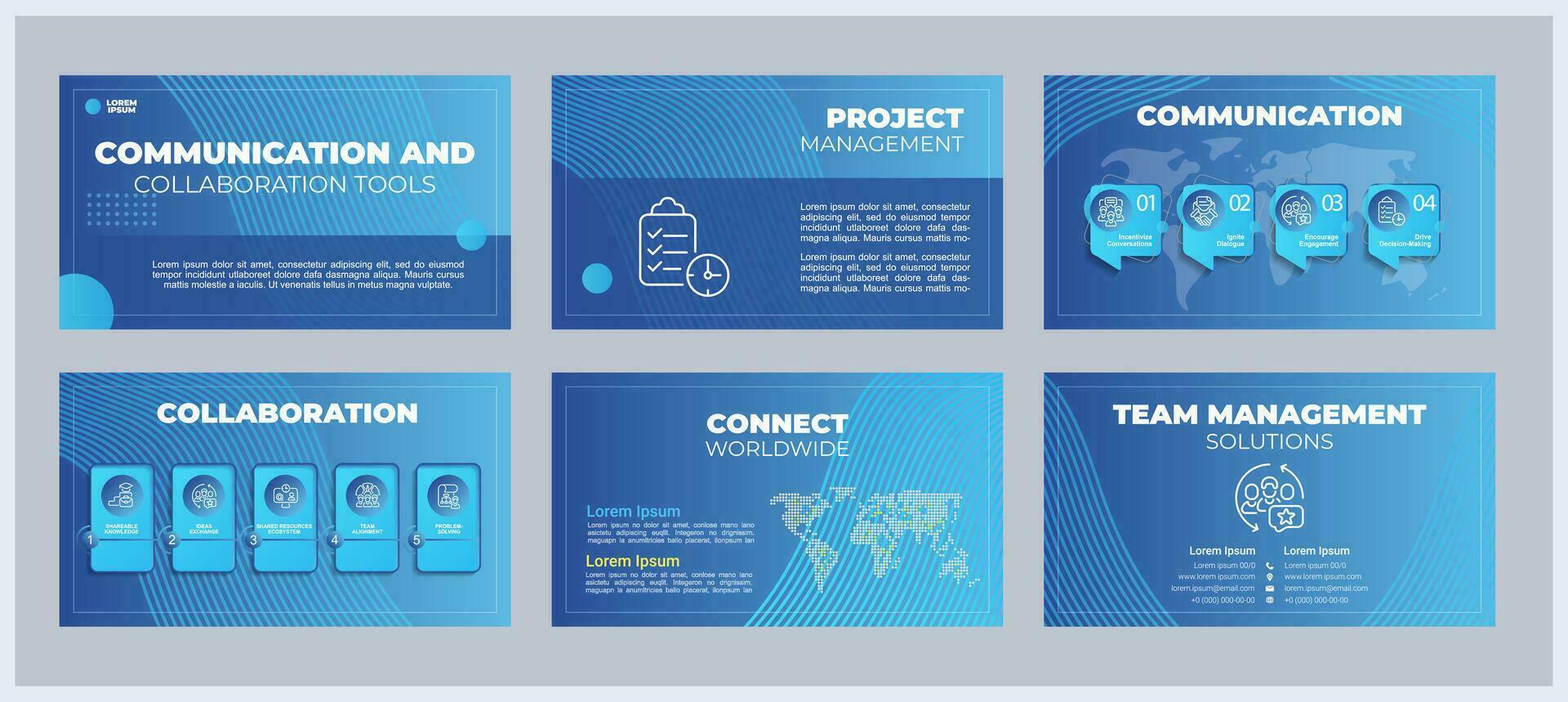 comunicação e colaboração Ferramentas apresentação modelos definir. controlo remoto trabalhando. equipe gerenciamento. pronto fez ppt slides em azul fundo. gráfico Projeto vetor