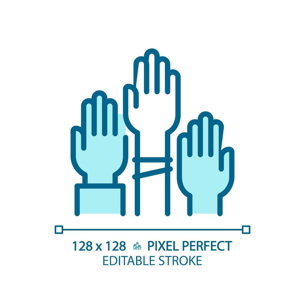 pixel perfeito azul ícone do pessoas com mãos elevado representando votação, isolado vetor ilustração, editável eleitores símbolo.