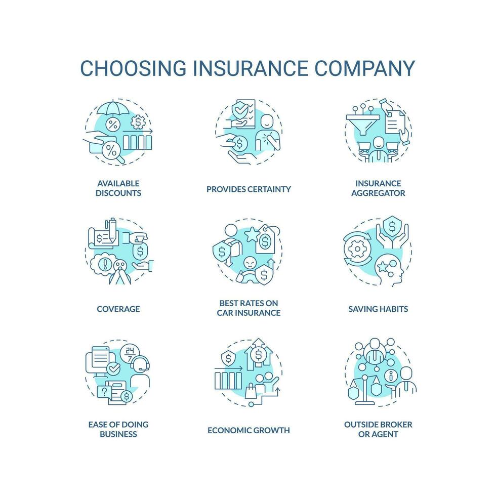 escolhendo seguro companhia turquesa conceito ícones definir. o negócio proteção. cobertura idéia fino linha cor ilustrações. isolado símbolos. editável acidente vascular encefálico vetor