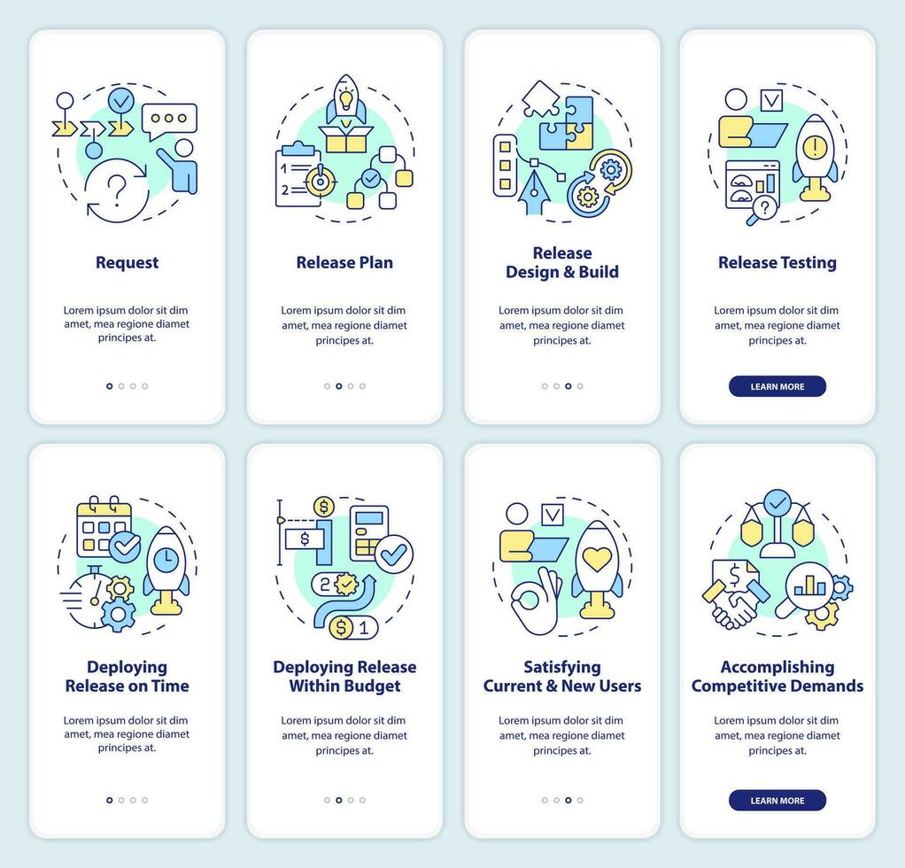 liberação gestão processo onboarding Móvel aplicativo tela definir. passo a passo 4 passos editável gráfico instruções com linear conceitos. interface do usuário, ux, gui modelo vetor