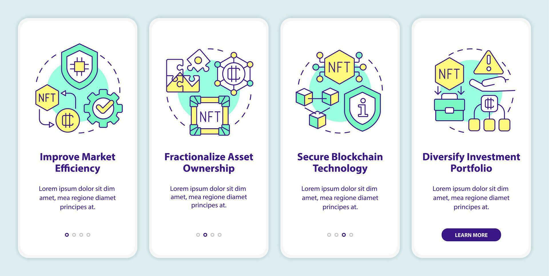 nft benefícios onboarding Móvel aplicativo tela. digital obras de arte passo a passo 4 passos editável gráfico instruções com linear conceitos. interface do usuário, ux, gui modelo vetor