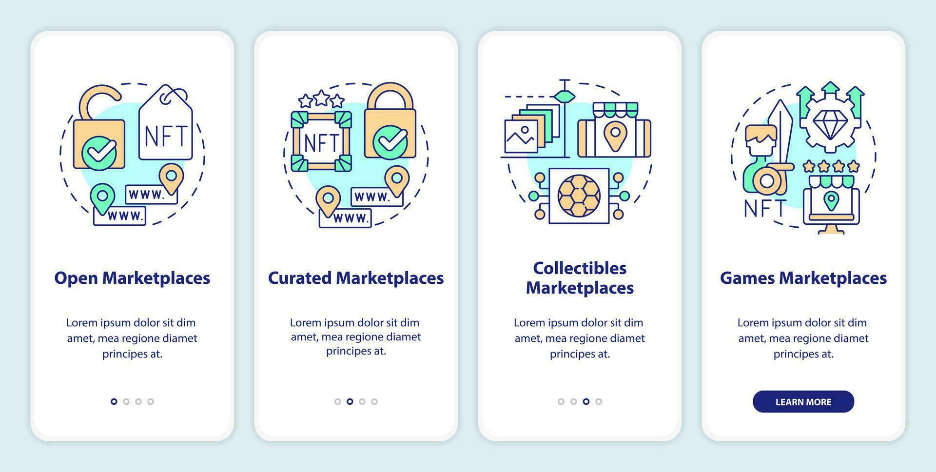 nft Mercado categorias onboarding Móvel aplicativo tela. o negócio passo a passo 4 passos editável gráfico instruções com linear conceitos. interface do usuário, ux, gui modelo vetor