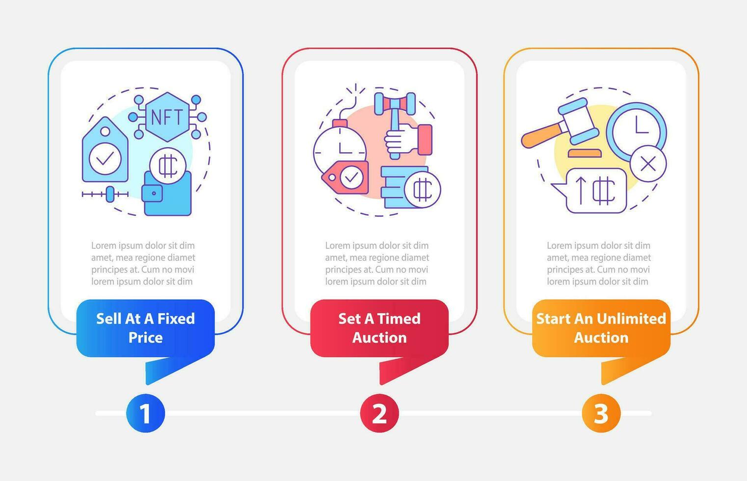 maneiras do vendendo nfts retângulo infográfico modelo. negócios. dados visualização com 3 passos. editável Linha do tempo informação gráfico. fluxo de trabalho disposição com linha ícones vetor