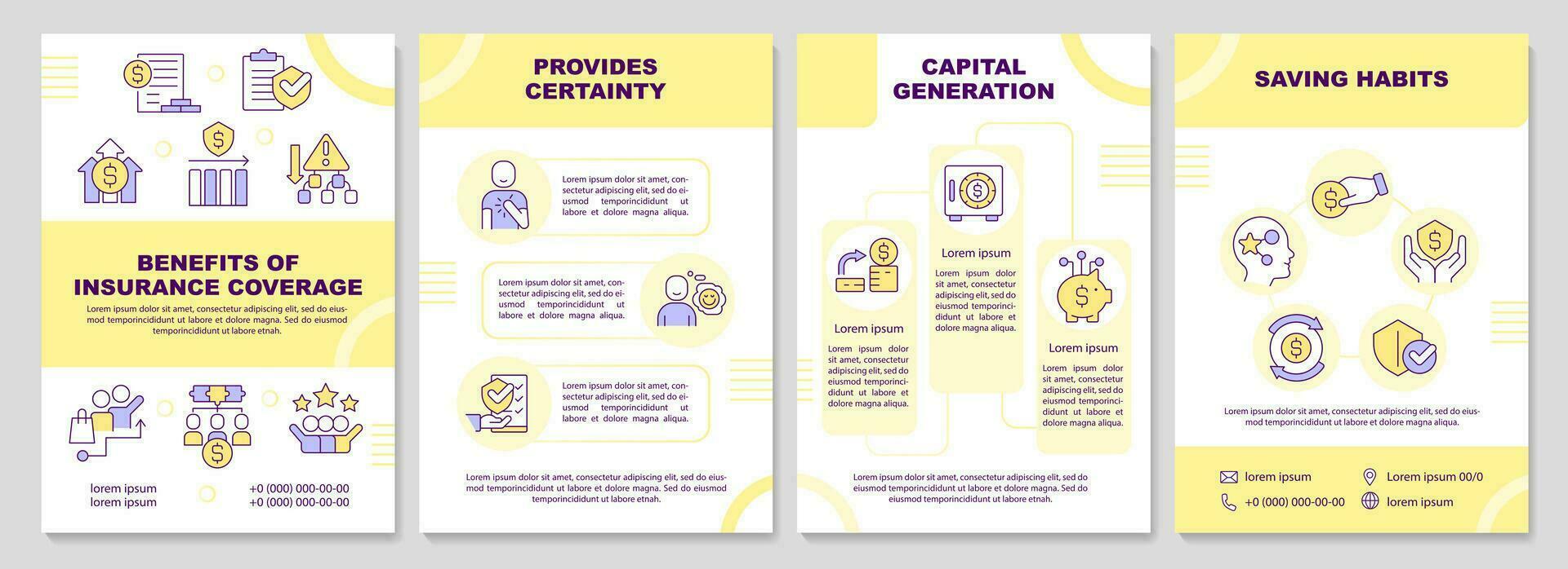 benefícios do seguro cobertura amarelo folheto modelo. folheto Projeto com linear ícones. editável 4 vetor layouts para apresentação, anual relatórios