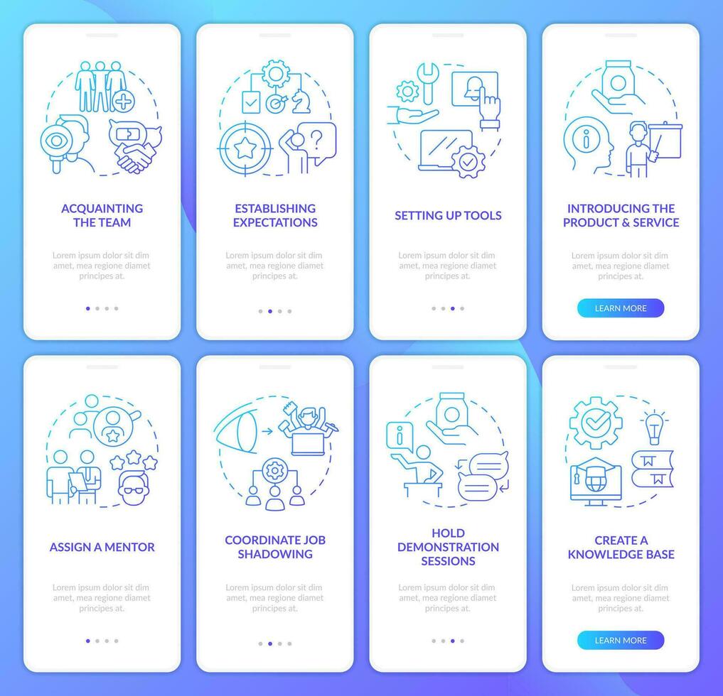 empregados treinamentos azul gradiente onboarding Móvel aplicativo telas definir. o negócio passo a passo 4 passos gráfico instruções com linear conceitos. interface do usuário, ux, gui modelo vetor