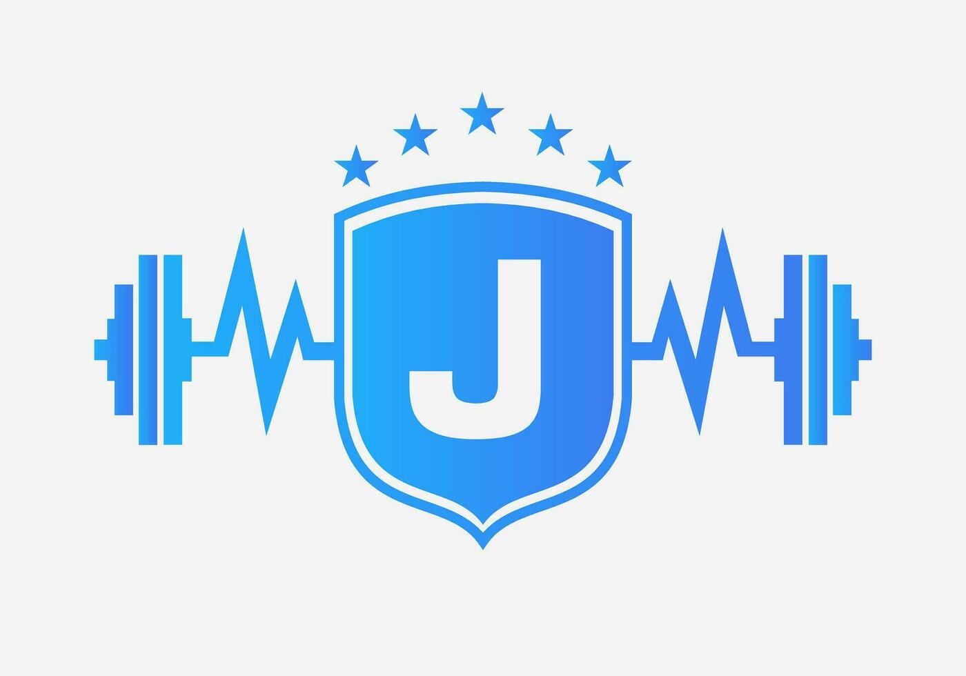 carta j Academia ginástica logotipo Projeto conceito com barra escudo e começar ícone. fisiculturismo Academia símbolo vetor