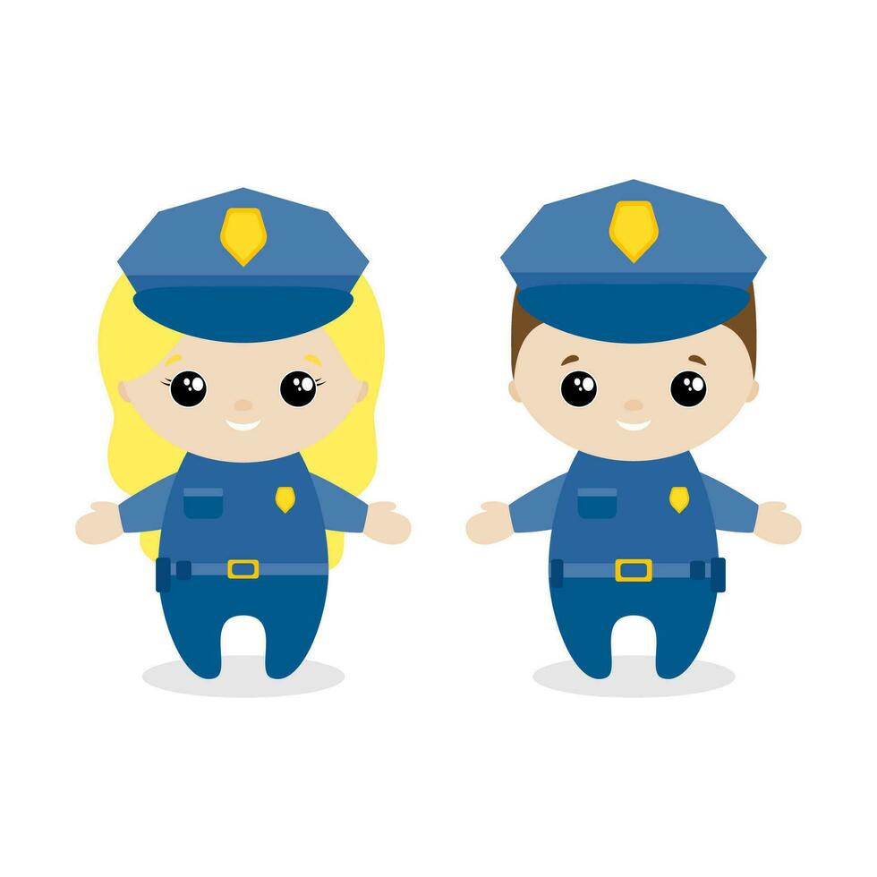 Garoto e menina polícia desenho animado estilo. conjunto do fofa desenho animado crianças dentro profissões. vetor ilustração