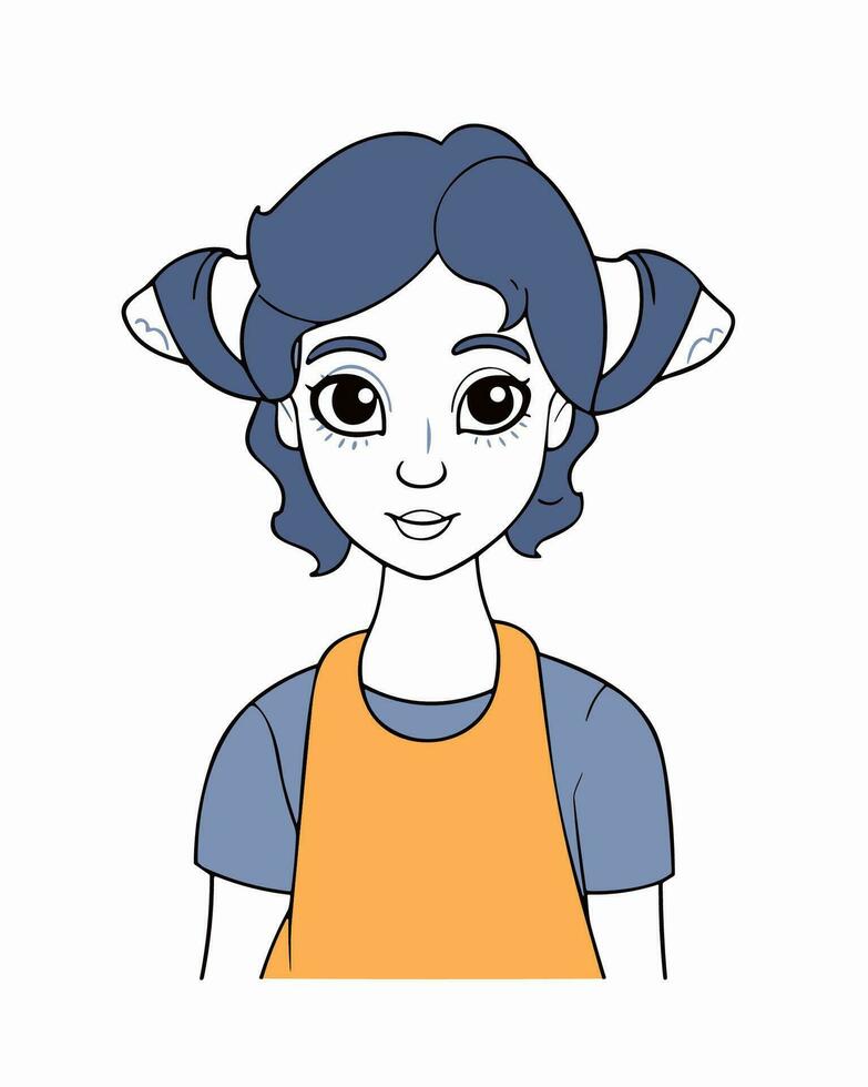 uma desenho animado menina vaca orelhas com azul cabelo e a laranja avental vetor