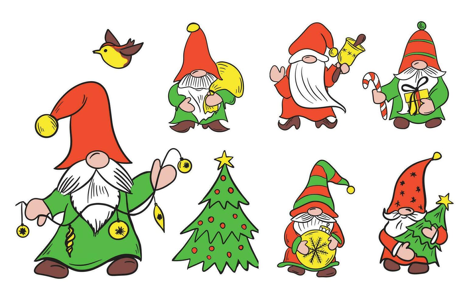 conjunto do fofa gnomos para Natal cartas.elfos com presentes.mão desenhado desenho animado caracteres.vetor ilustração. vetor
