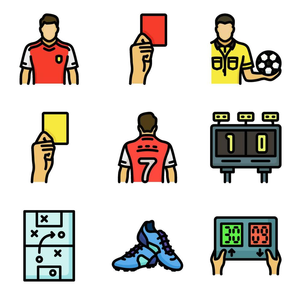futebol ícone definir, dentro colori esboço estilo, Incluindo cartão, juiz, jogador, e sapato. adequado para Esportes e futebol precisa. vetor