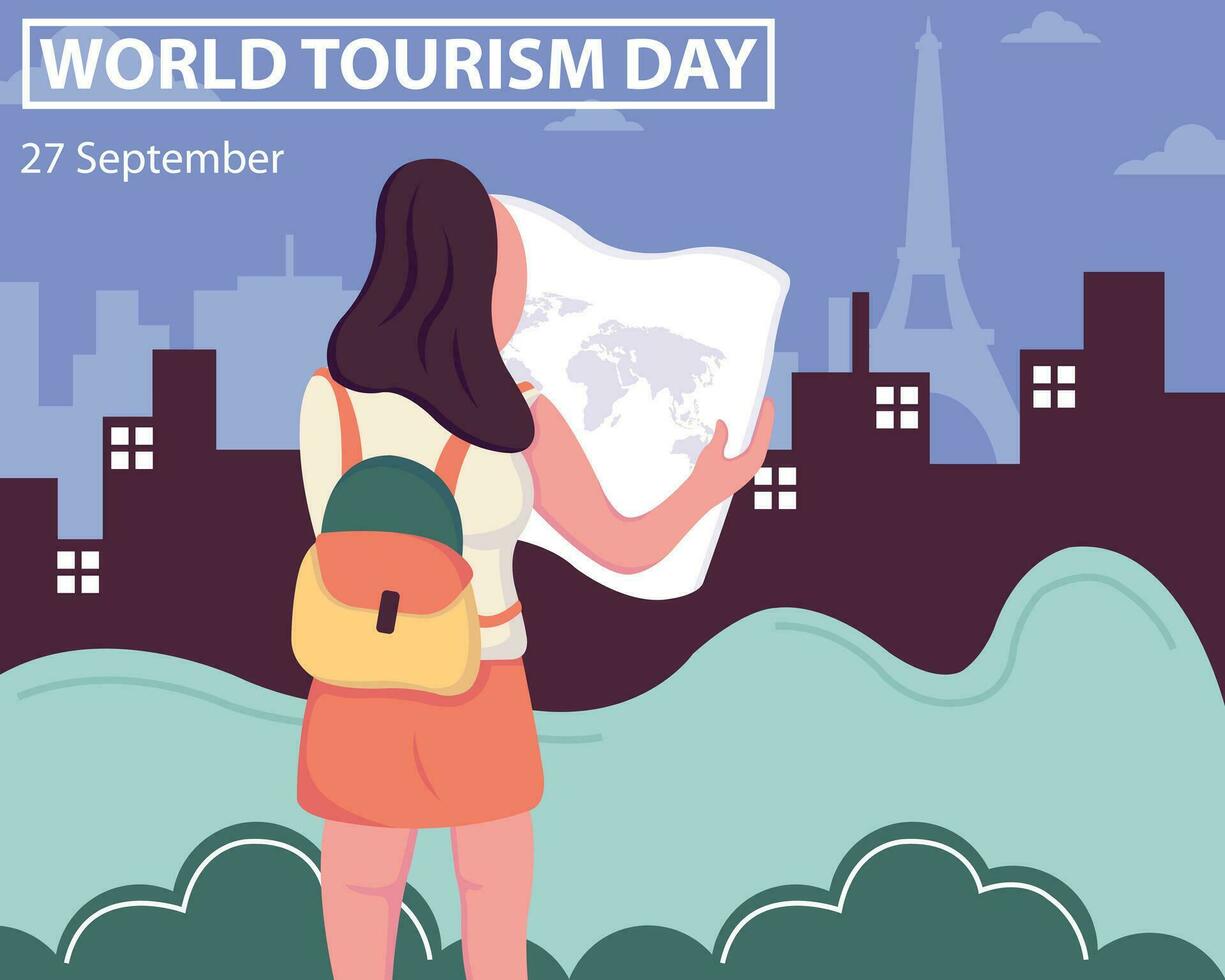 ilustração vetor gráfico do uma mulher segurando uma mapa, mostrando a silhueta eiffel torre, perfeito para internacional dia, mundo turismo dia, comemoro, cumprimento cartão, etc.