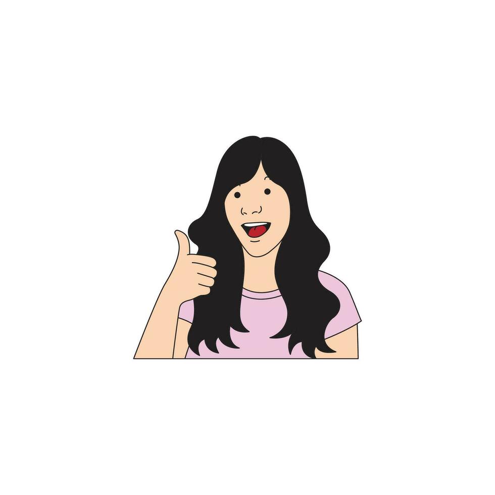 uma mulher com médio grandes cabelo mostrando dela polegares e rindo vetor