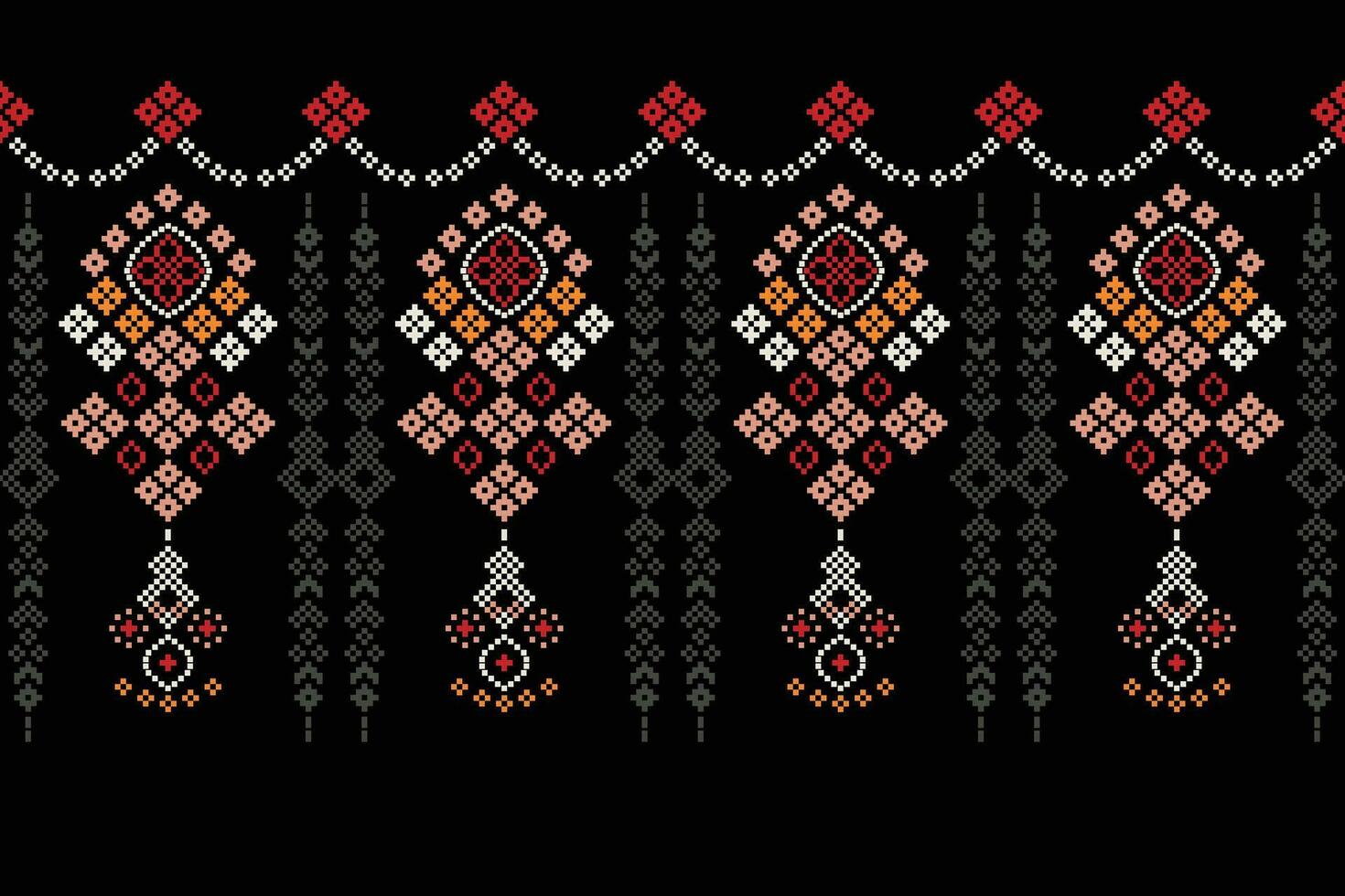 étnico geométrico tecido padronizar Cruz ponto.ikat bordado étnico oriental pixel padronizar Preto fundo. resumo,vetor,ilustração. textura,vestuário,quadro,decoração,motivos,seda papel de parede. vetor