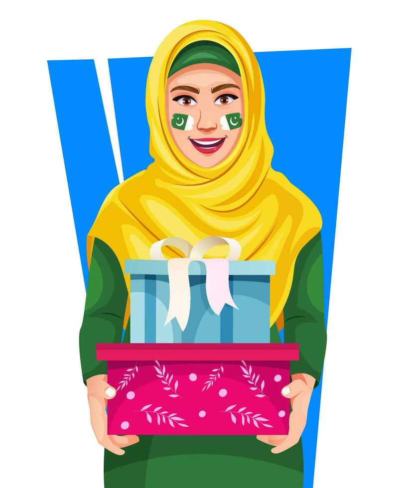 bonita jovem muçulmano mulher dentro abaya segurando presente em a ocasião do patriota dia. personagem para folheto, poster, bandeira criativo cumprimento Projeto. vetor