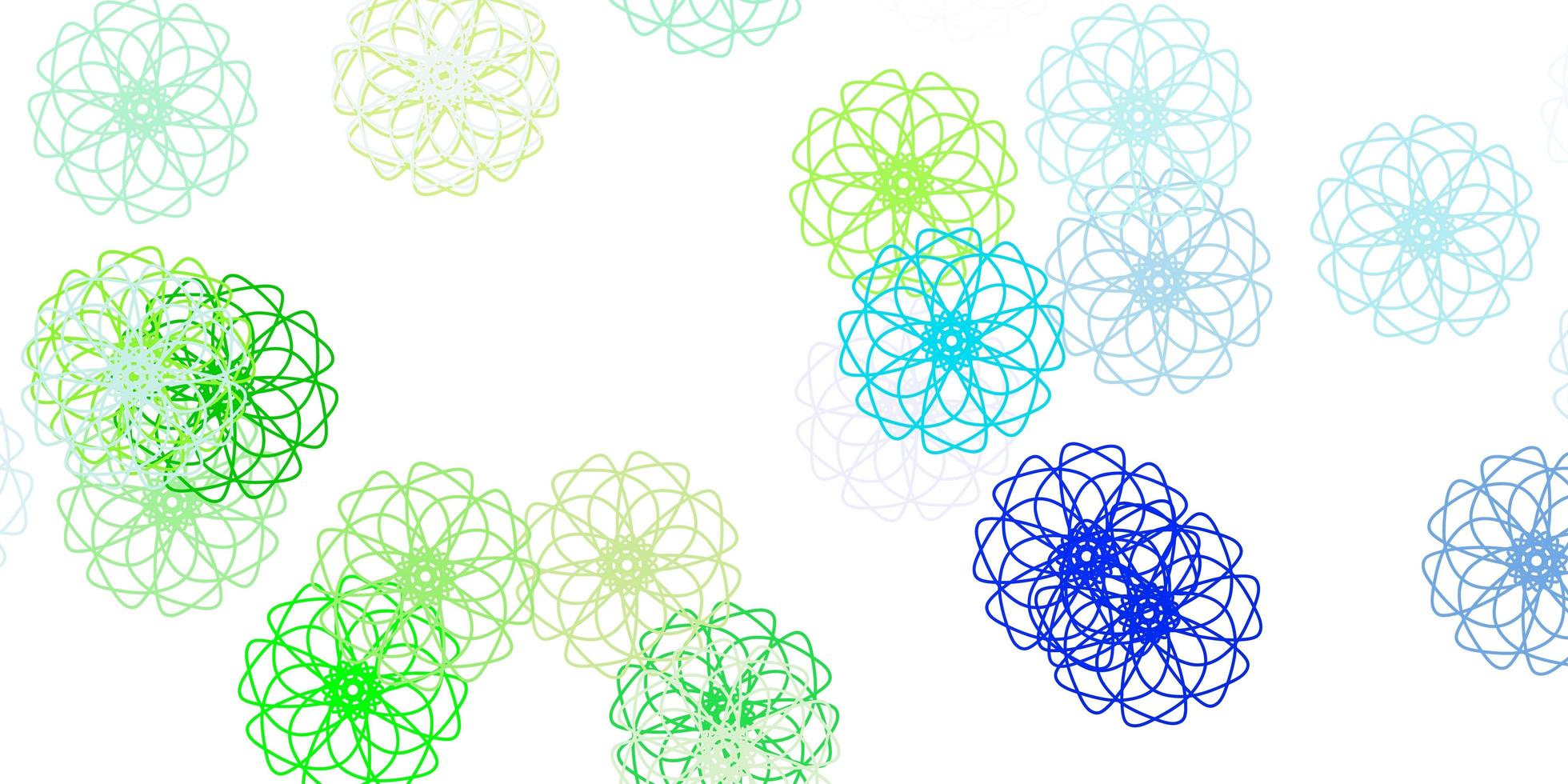 fundo do doodle do vetor azul e verde claro com flores.