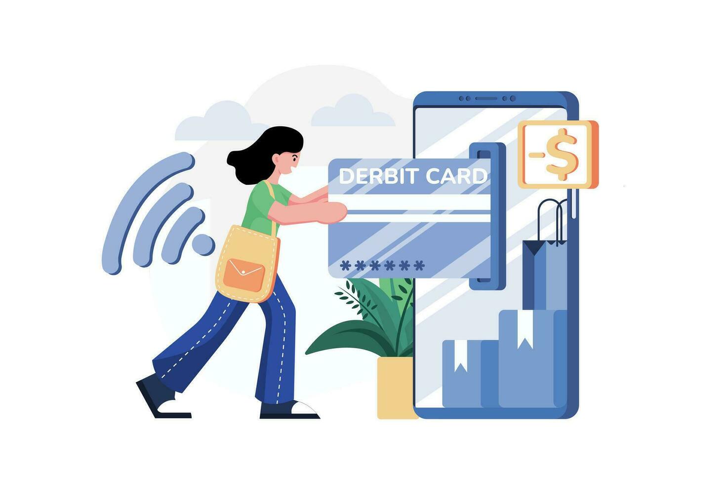 mulher pagando online com cartão de débito vetor