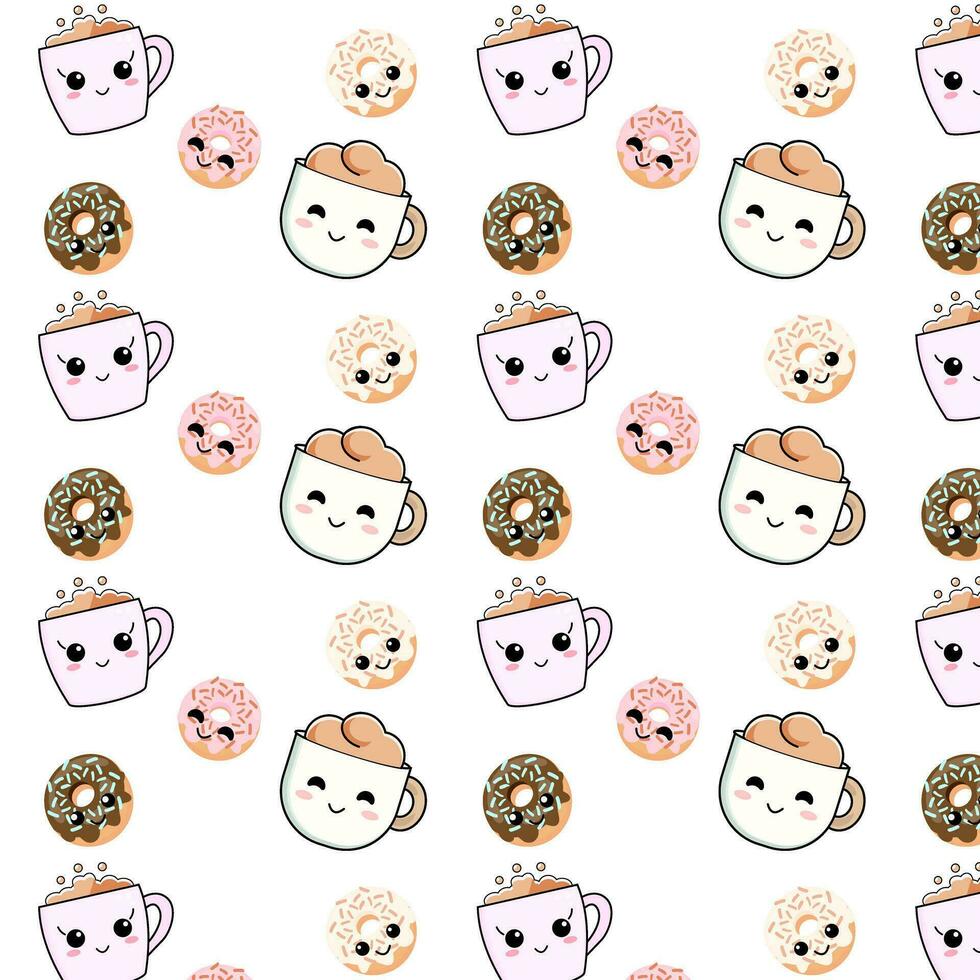 kawaii desatado padronizar com fofa copos e rosquinhas, pastel cores vetor