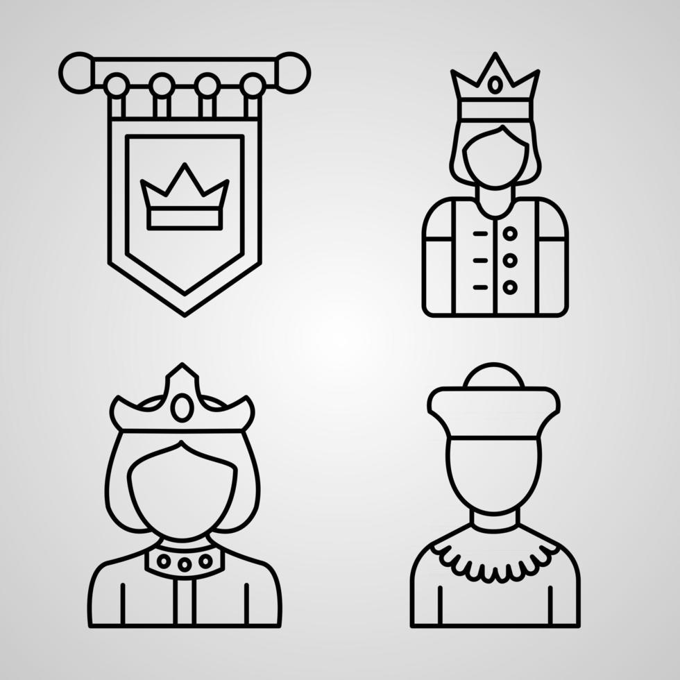 conjunto de ícones de design plano de linhas finas da realeza vetor