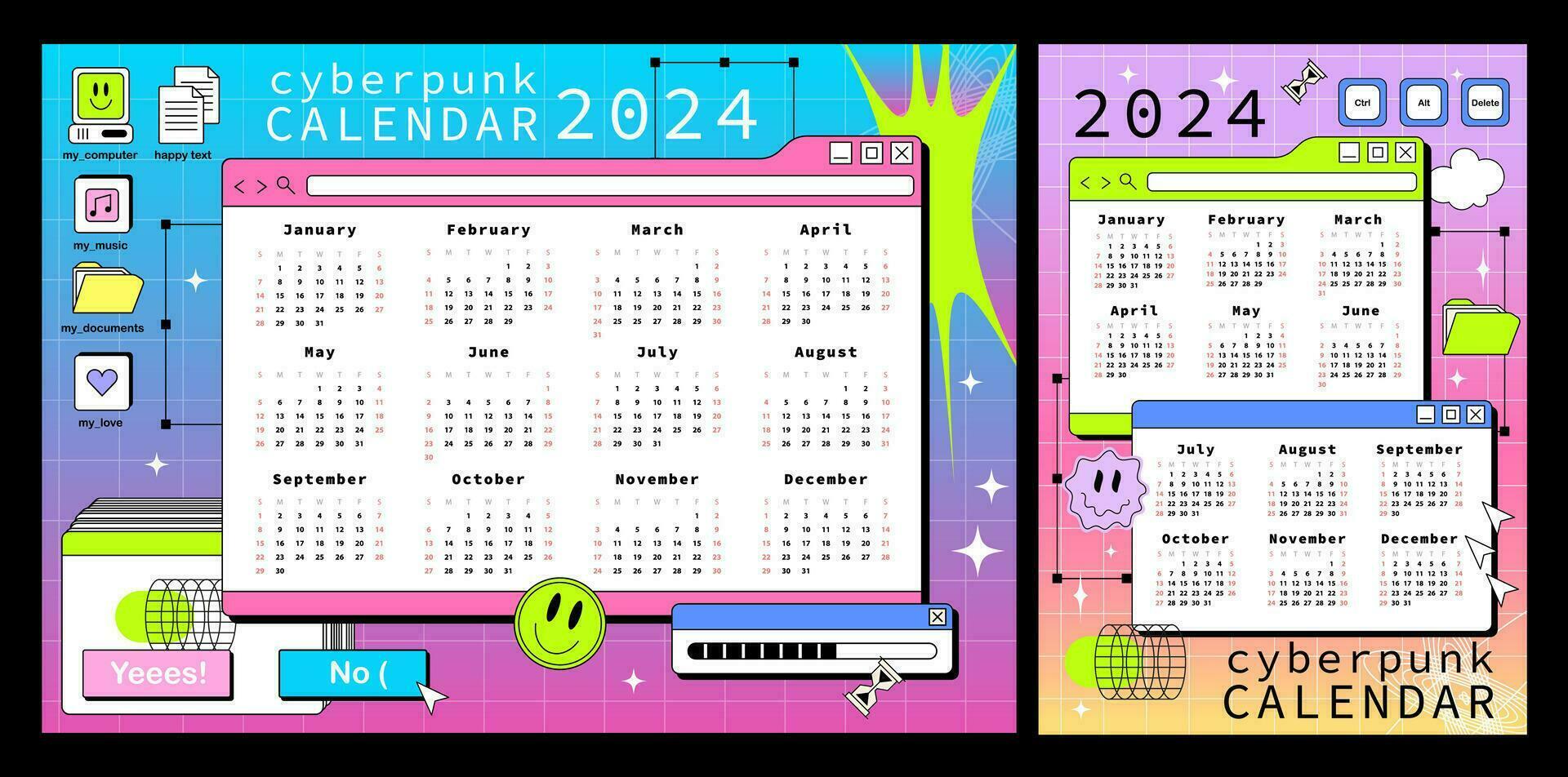 cyberpunk calendário modelo para 2024. horizontal e vertical calendário com janelas do a velho computador. ano 2000 e onda de vapor vetor