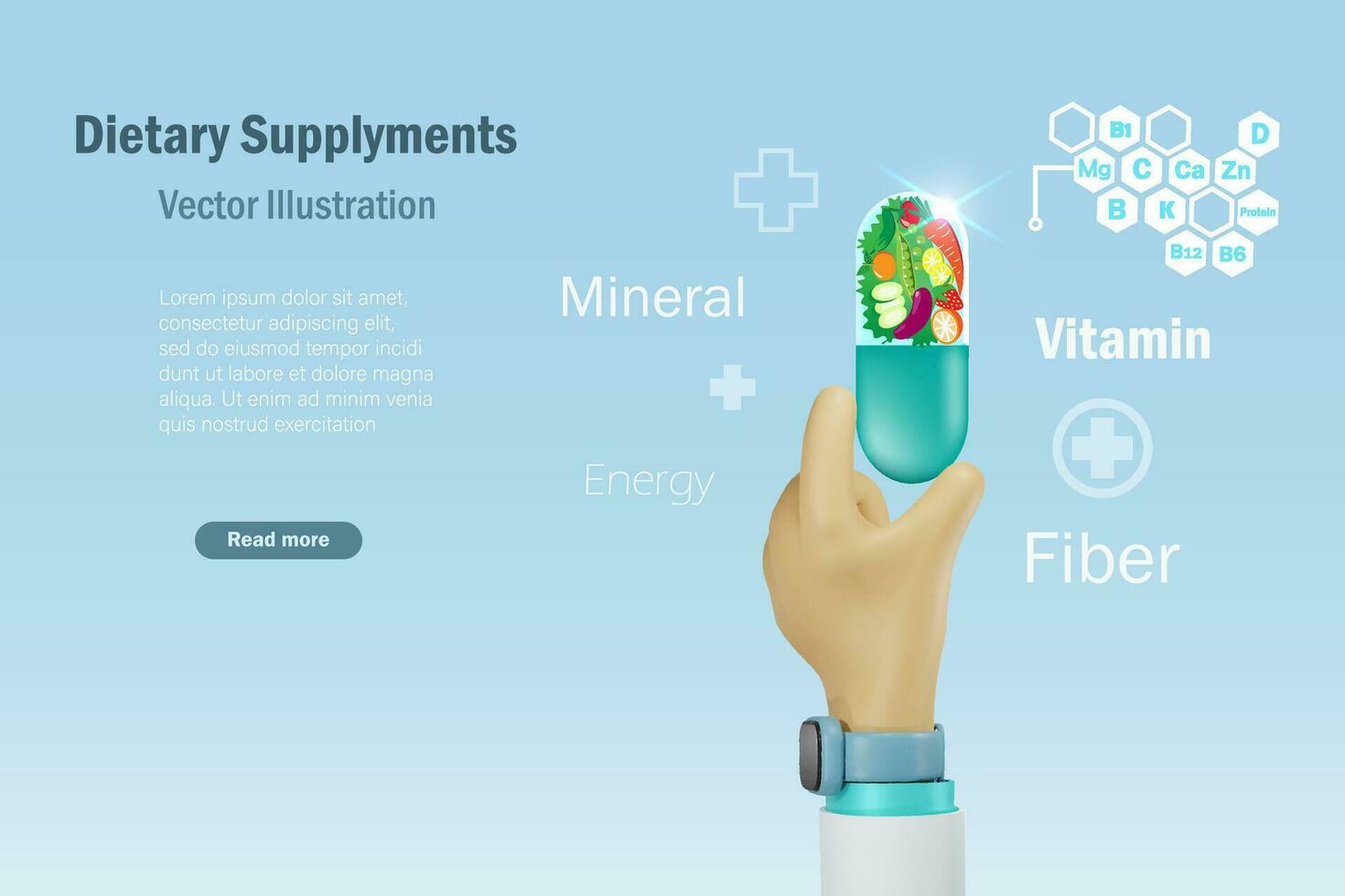 suplemento alimentos e Vitamina nutrição conceito. médico mão segurando dietético suplementos cápsula com natural frutas e legumes dentro para saudável corpo. 3d vetor. vetor