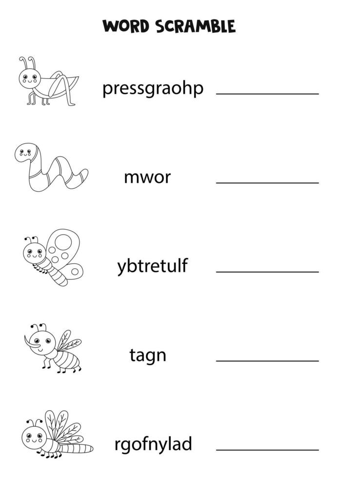 quebra-cabeça para crianças. confusão de palavras para crianças. insetos bonitos preto e brancos. vetor