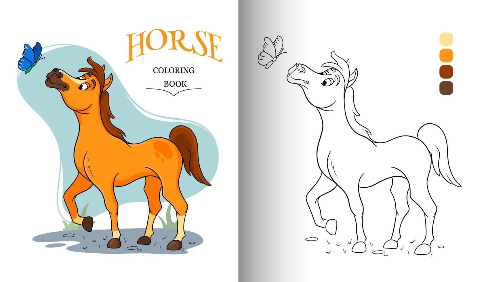 personagem animal cavalo engraçado com borboleta na página do livro para colorir estilo cartoon vetor