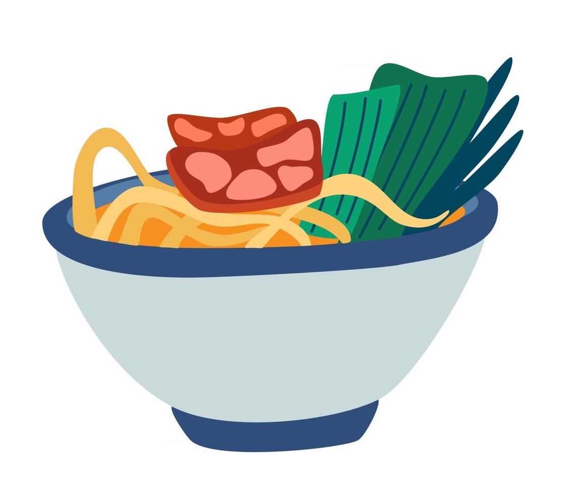 sopa de macarrão ramen. comida tradicional asiática e japonesa. Sopa chinesa de frango ou macarrão de carne com nori. comida rápida. ilustração de desenho vetorial vetor