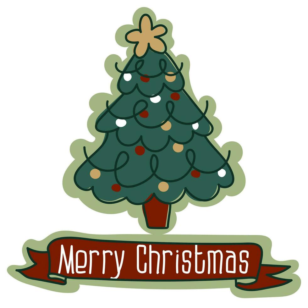 cartão postal com uma Natal árvore decorado com uma festão e uma estrela, tradicional Natal vetor ilustração. uma cartão postal para a feriado dentro retro estilo. desenho animado objeto