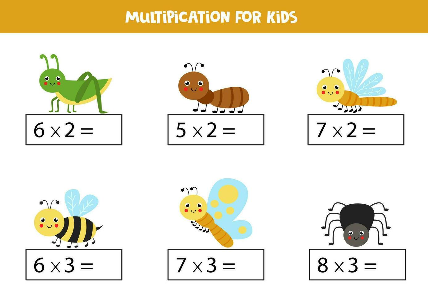 fofa desenho animado insetos. multiplicação para crianças. vetor