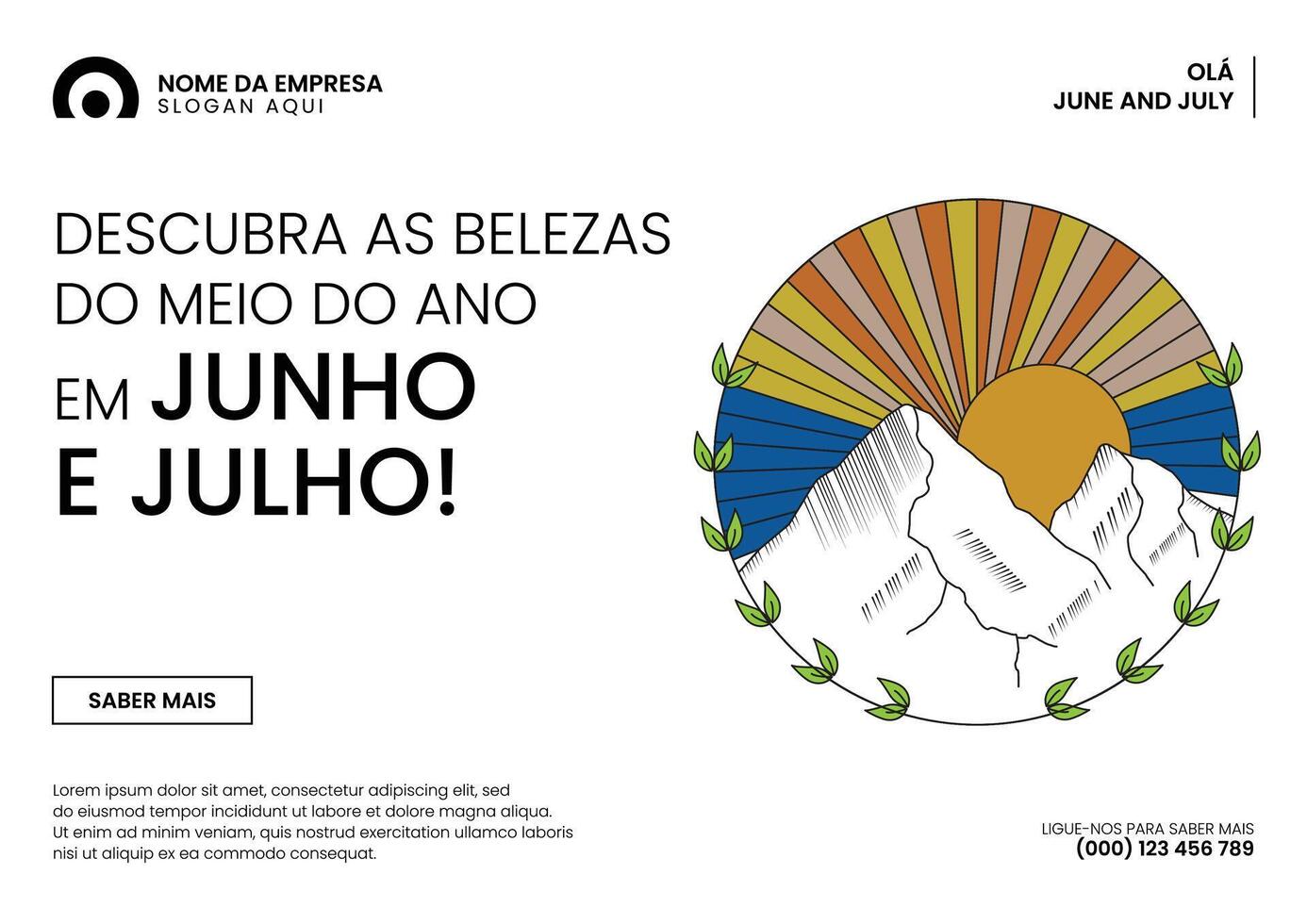 Olá Junho Julho bandeira com pôr do sol e montanhas vetor ilustração