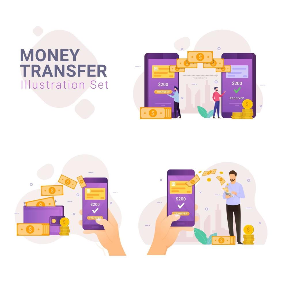 Transferência de dinheiro online com conjunto de ilustração vetorial de conceito de design de banco móvel vetor