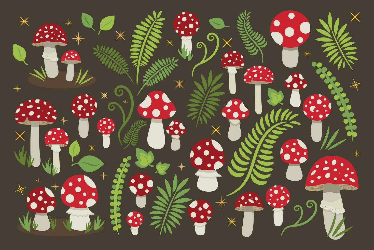 cogumelos definir. amanita muscaria. vermelho boné cogumelo. cogumelo clipart. cogumelo papel de parede. cogumelo fundo. verde samambaias e folhagem. vetor ilustração.