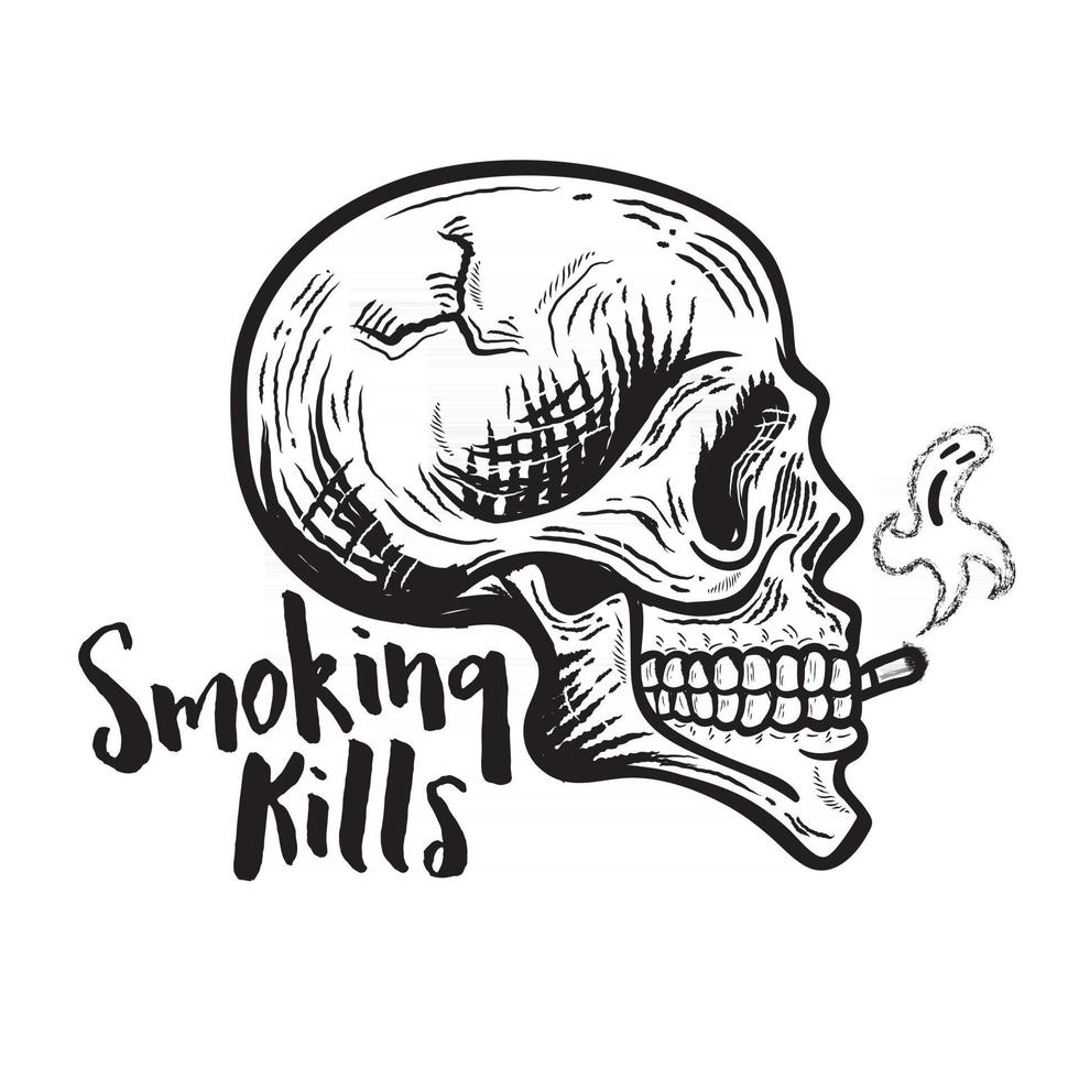 fumar mata. caveira fumando retrô com fumaça fantasma saindo do cigarro vetor