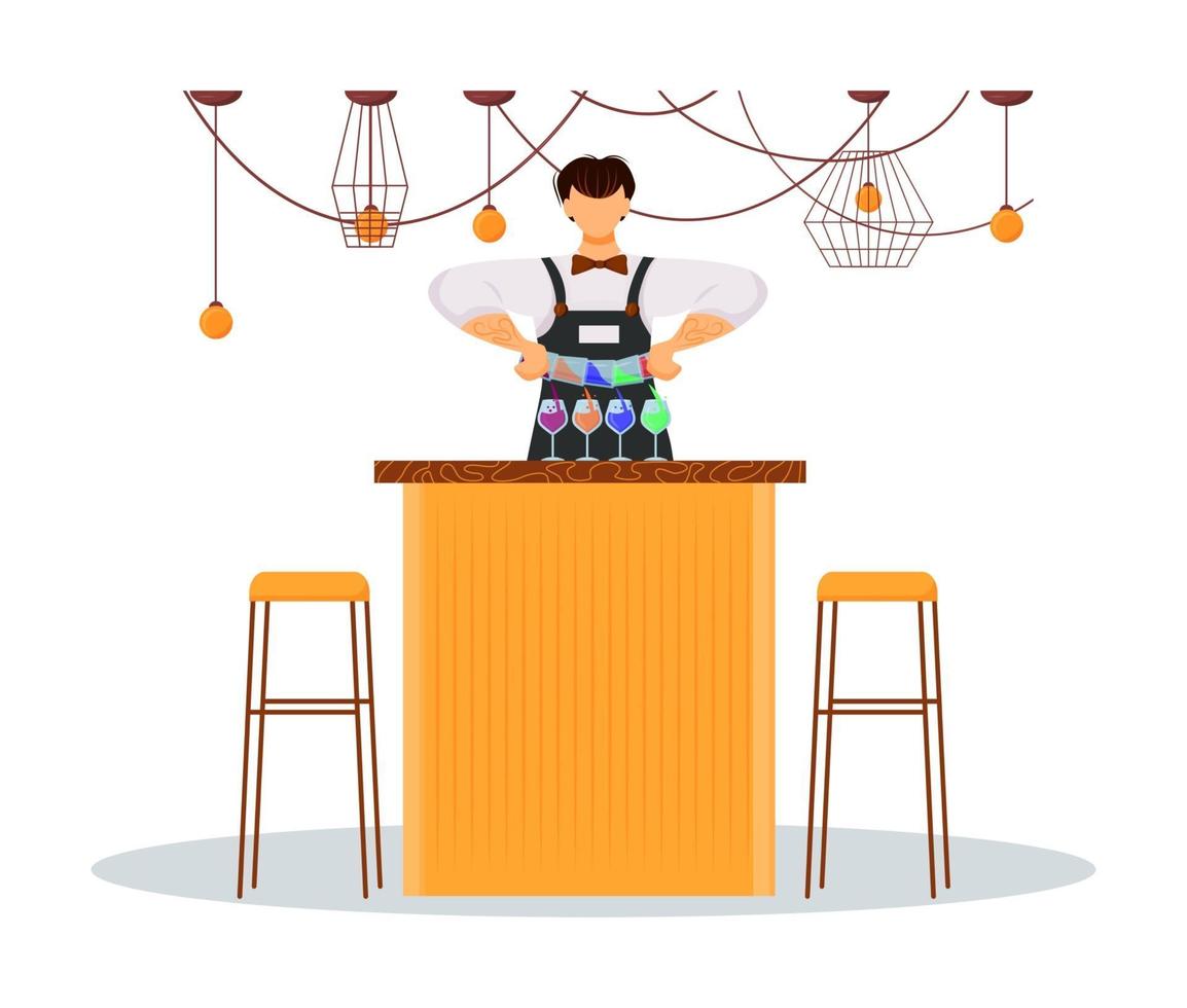 ilustração em vetor cor plana barman do hotel. pessoal de serviço, pessoal. chef do bar com bebidas coloridas no balcão. barman fazendo coquetéis isolado personagem de desenho animado no fundo branco