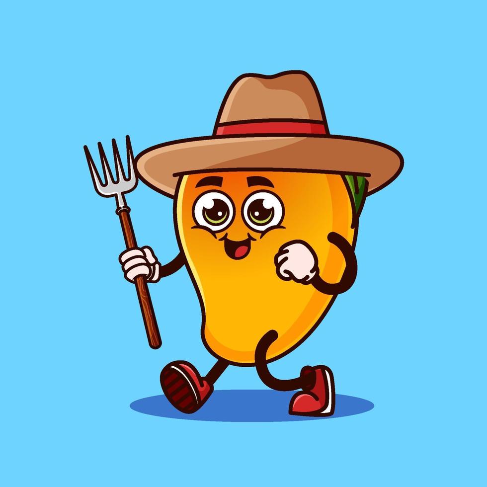 personagem de agricultor de fruta manga bonito com forcado. conceito de ícone de personagem de fruta isolado. vetor premium de estilo cartoon plana