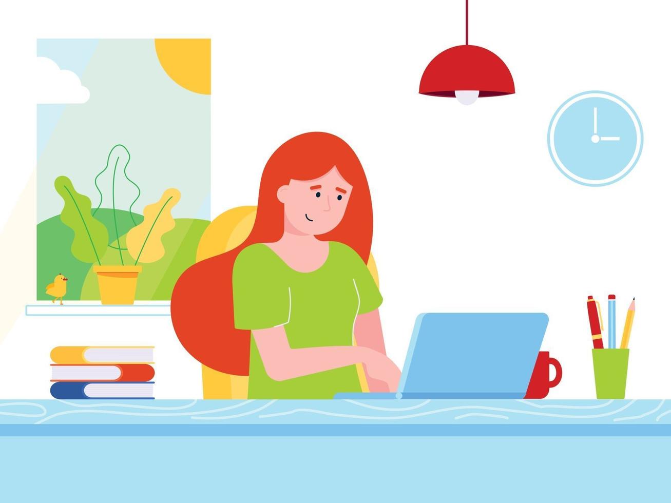 empresária freelance feminina relaxante trabalhando no laptop no escritório em casa. mulher, caderno, mesa, livros, caneta, lápis, lâmpada, xícara de café, janela, relógio, ilustração em vetor estilo simples isolada